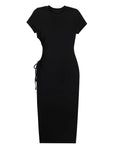 Round Neck Pleated Slit Side Short Sleeve Maxi Dress