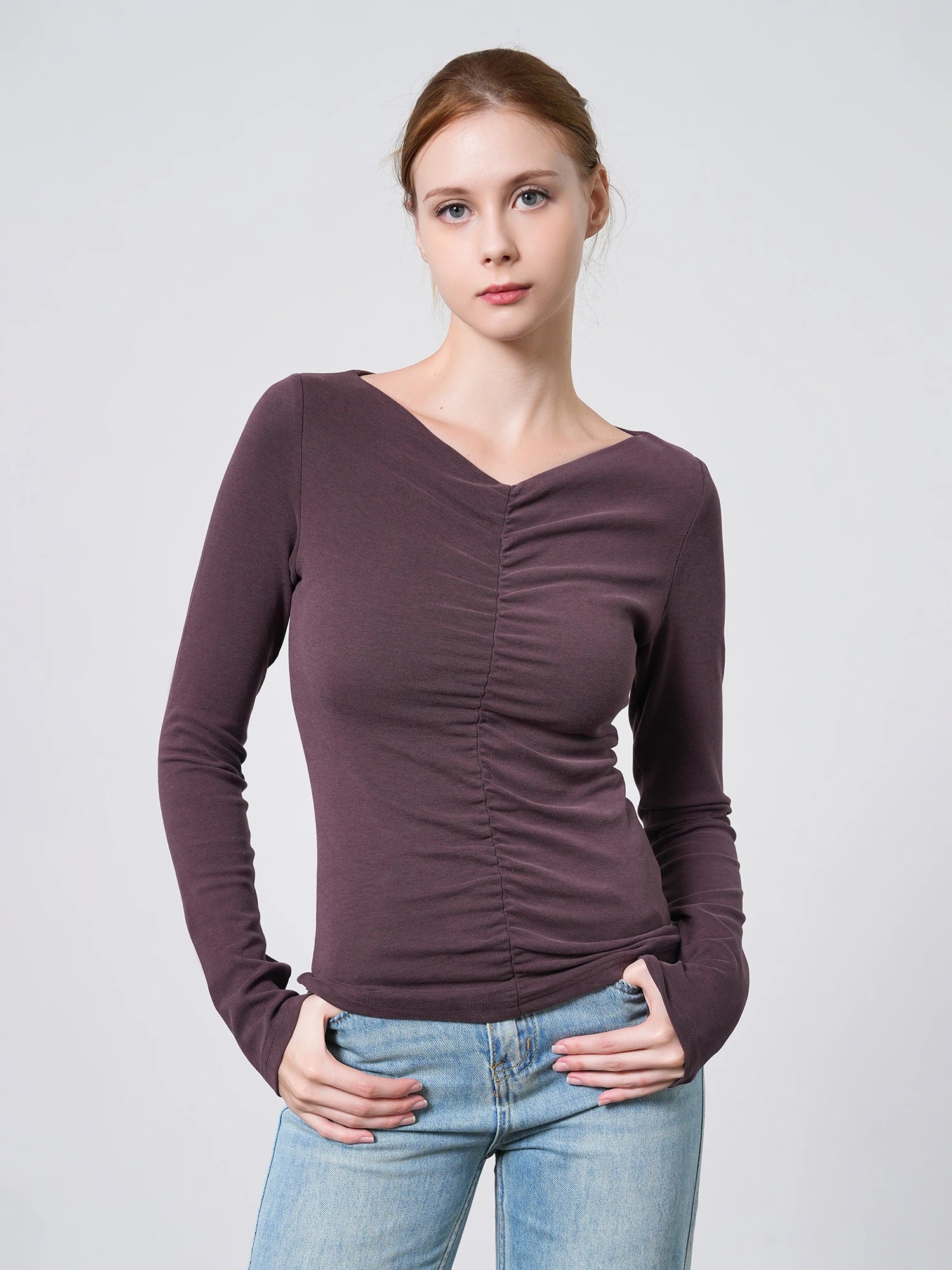 Thermal Ruched Front Double Layer Long Sleeve Top