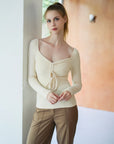 Ruched-Front Drawstring Braless Long Sleeve Top