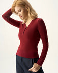 Ribbed Button Front Fitted Top