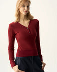 Ribbed Button Front Fitted Top
