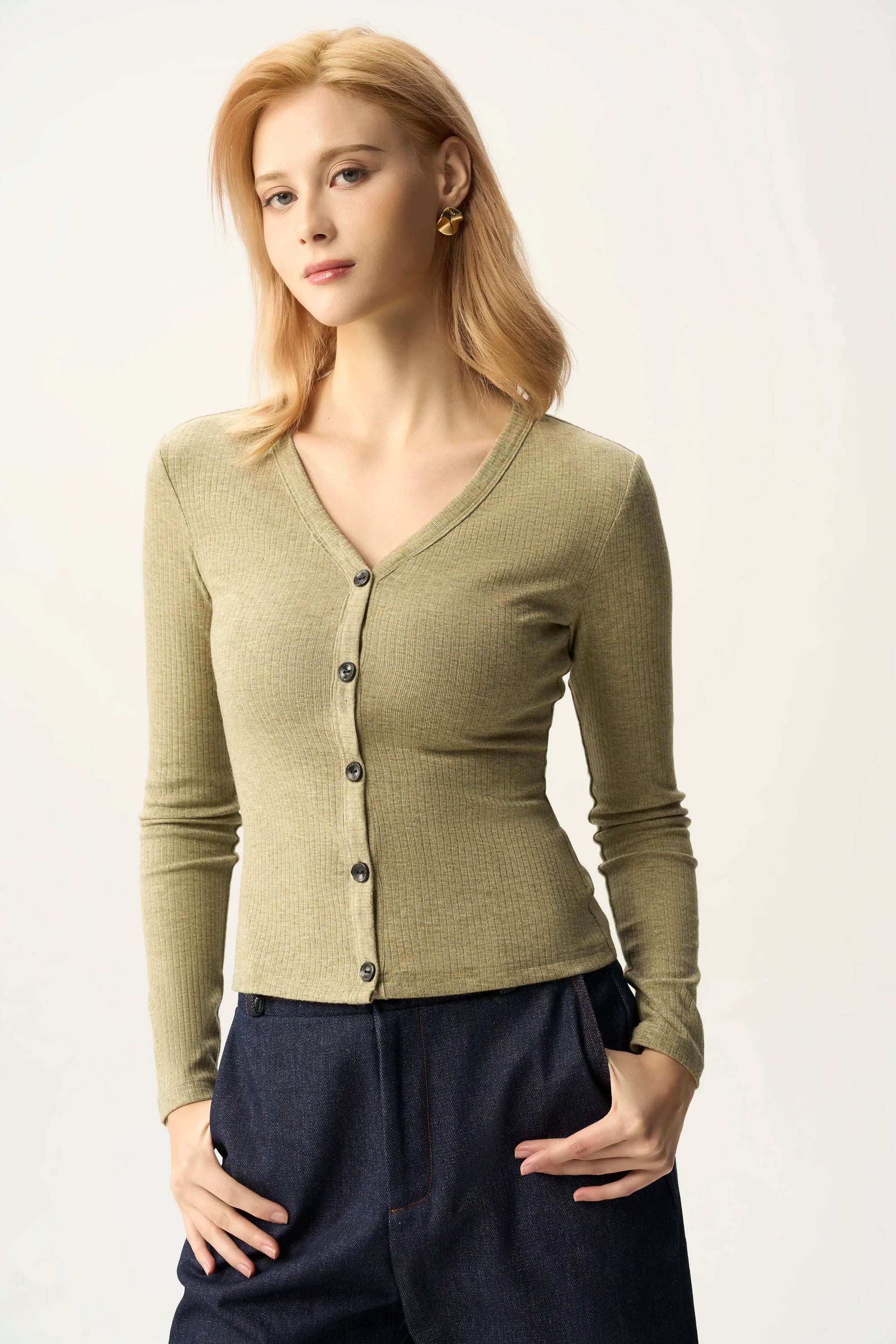 V-Neck Button Front Fitted Cardigan