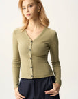 V-Neck Button Front Fitted Cardigan