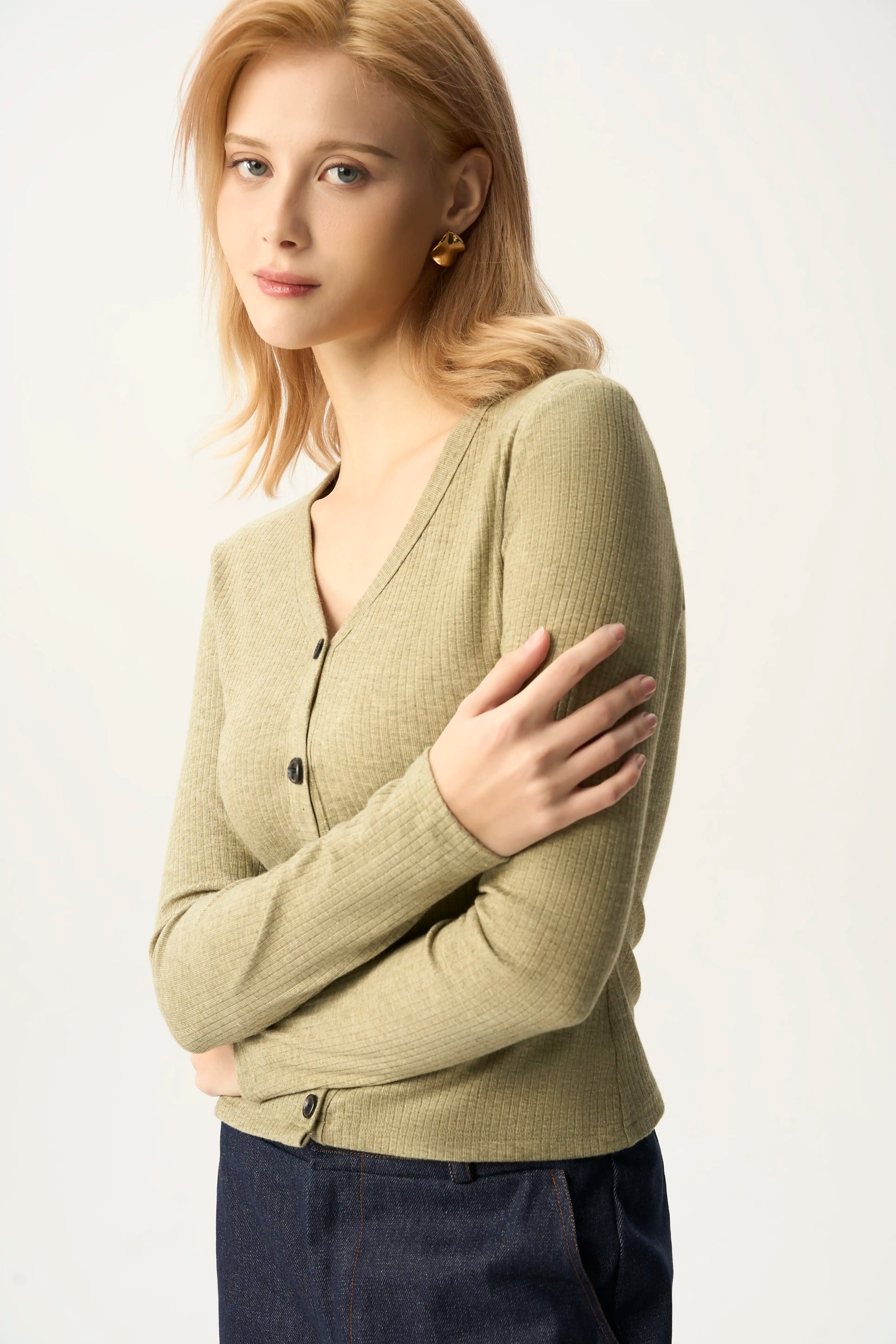 V-Neck Button Front Fitted Cardigan