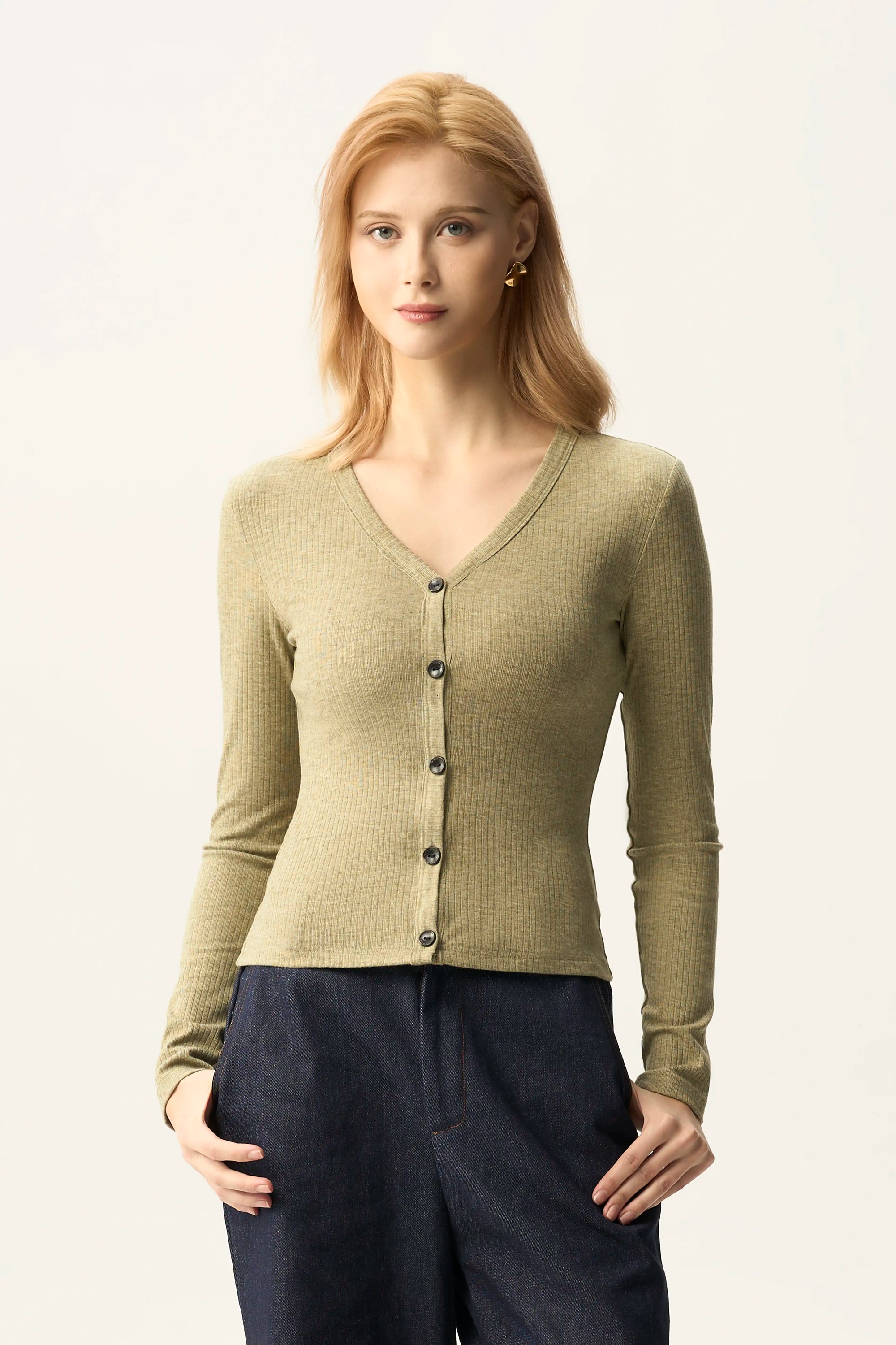 V-Neck Button Front Fitted Cardigan