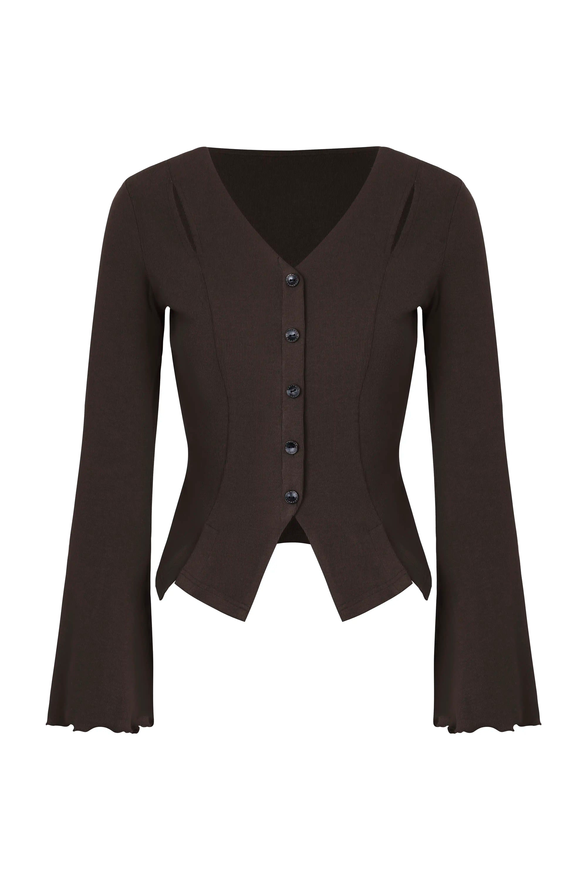 Cutout Shoulder Button-Front Fitted Top