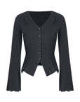 Cutout Shoulder Button-Front Fitted Top