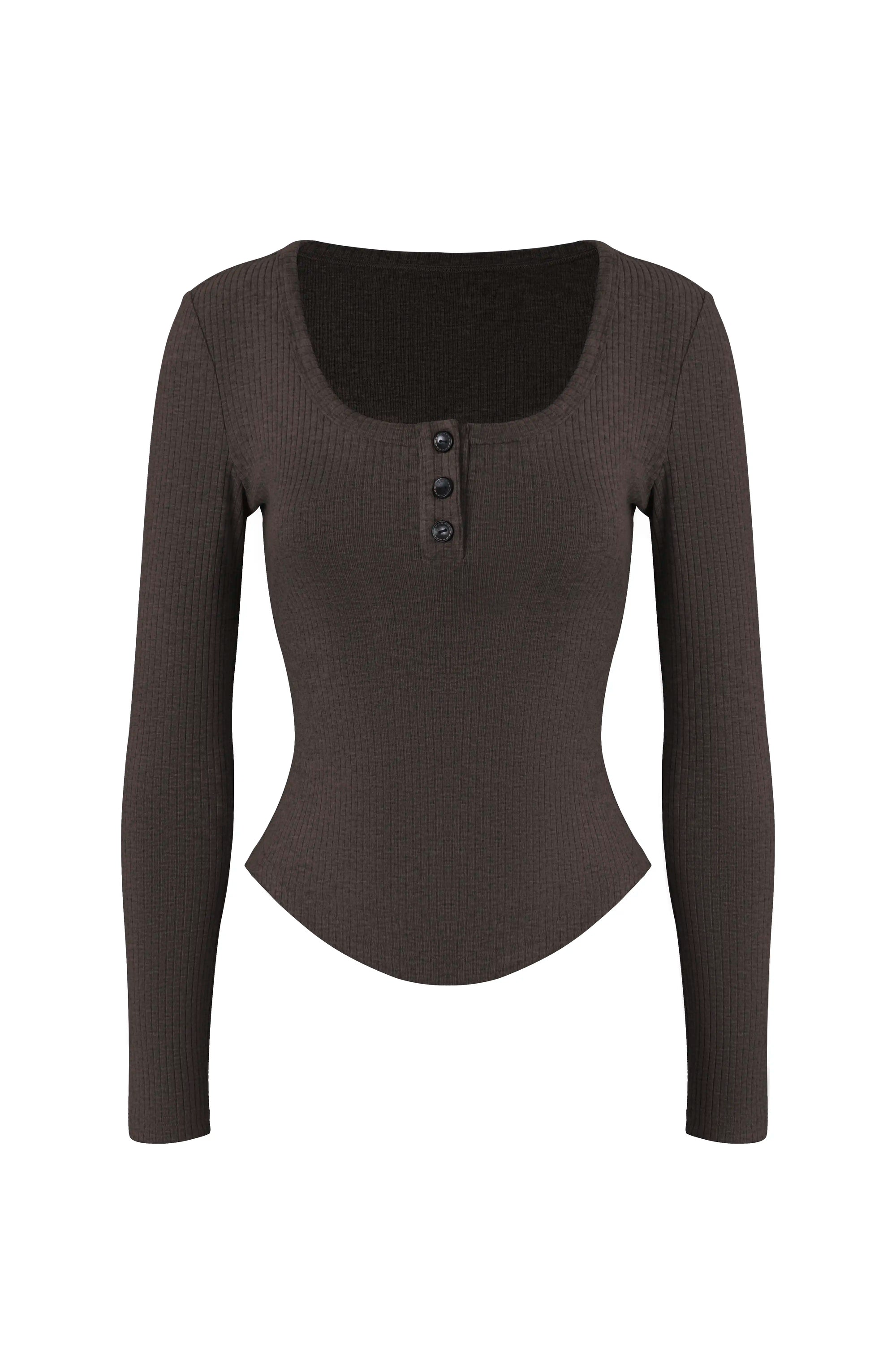 Curved Hem Henley Long Sleeve Top