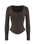 Curved Hem Henley Long Sleeve Top