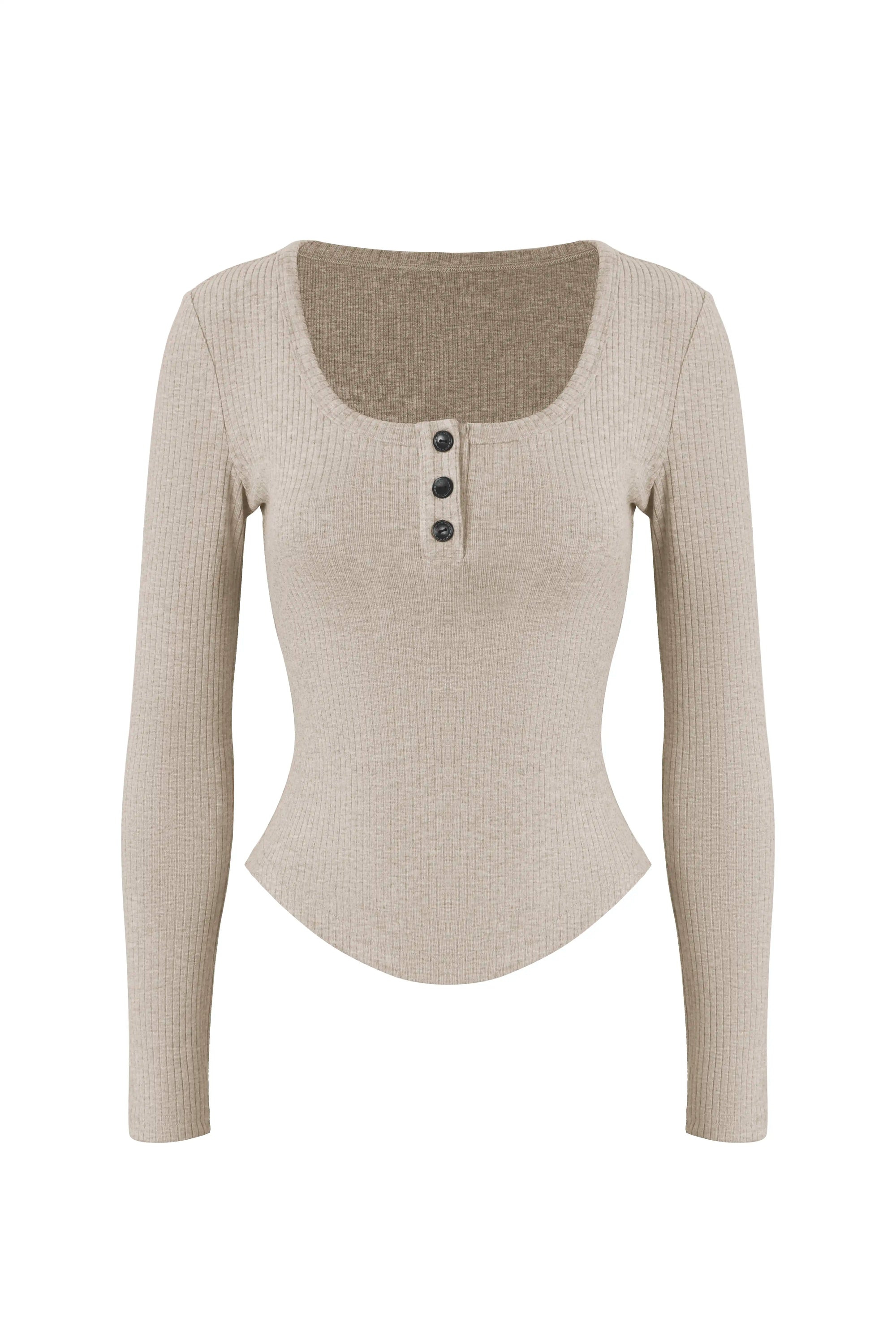 Curved Hem Henley Long Sleeve Top