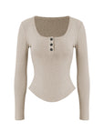 Curved Hem Henley Long Sleeve Top