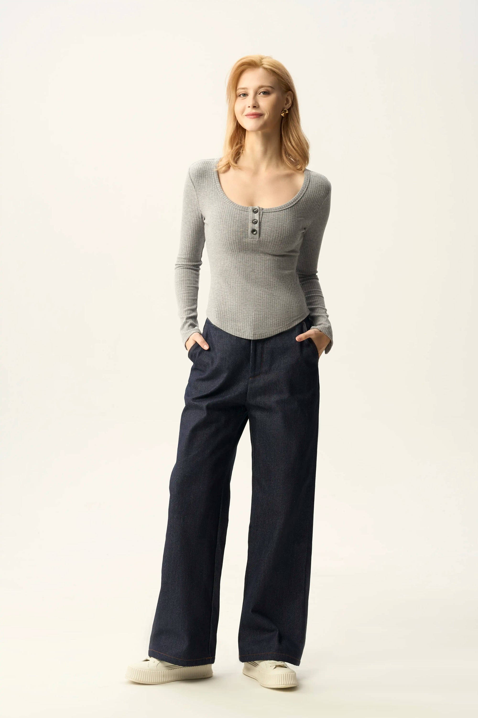 Curved Hem Henley Long Sleeve Top