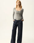 Curved Hem Henley Long Sleeve Top