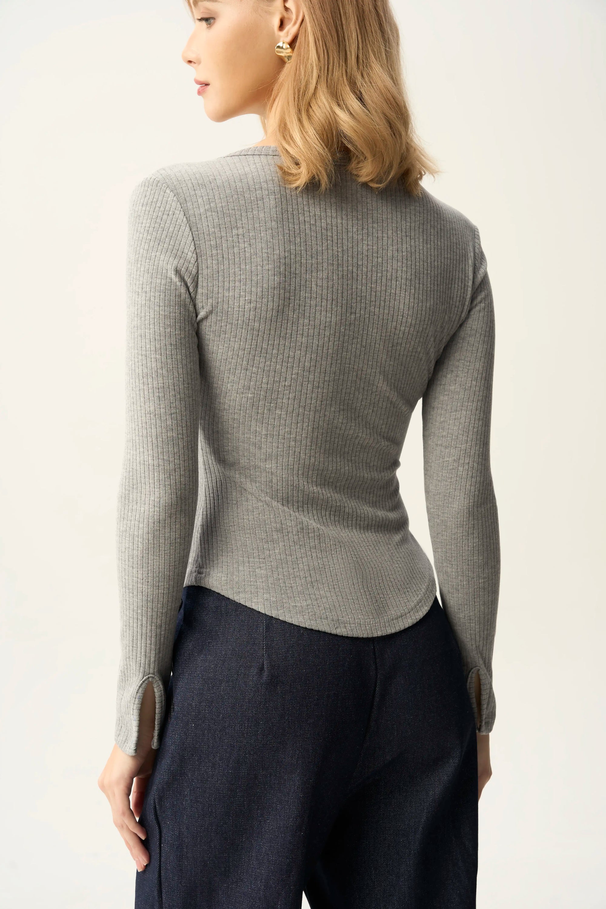 Curved Hem Henley Long Sleeve Top