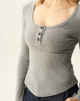 Curved Hem Henley Long Sleeve Top