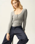 Curved Hem Henley Long Sleeve Top