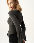 Cutout Shoulder Button-Front Fitted Top