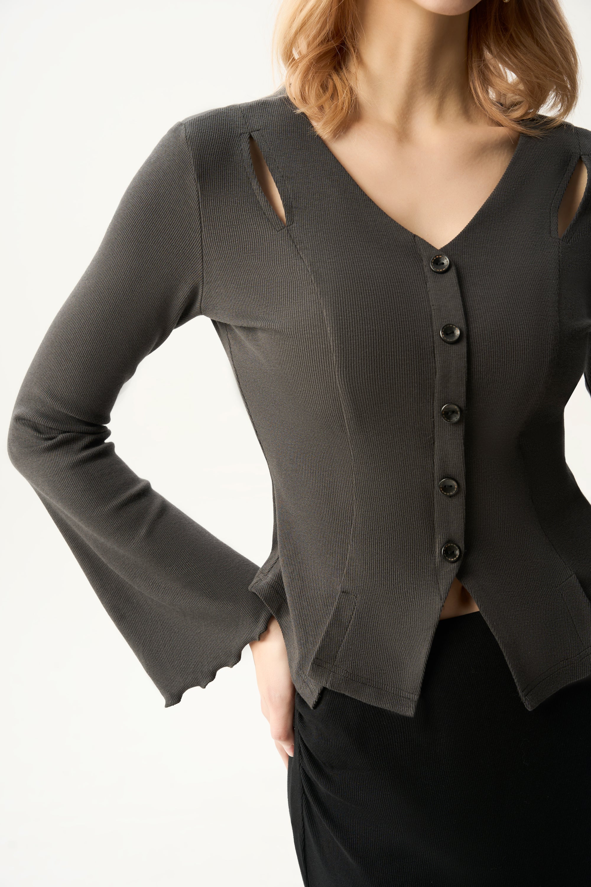 Cutout Shoulder Button-Front Fitted Top