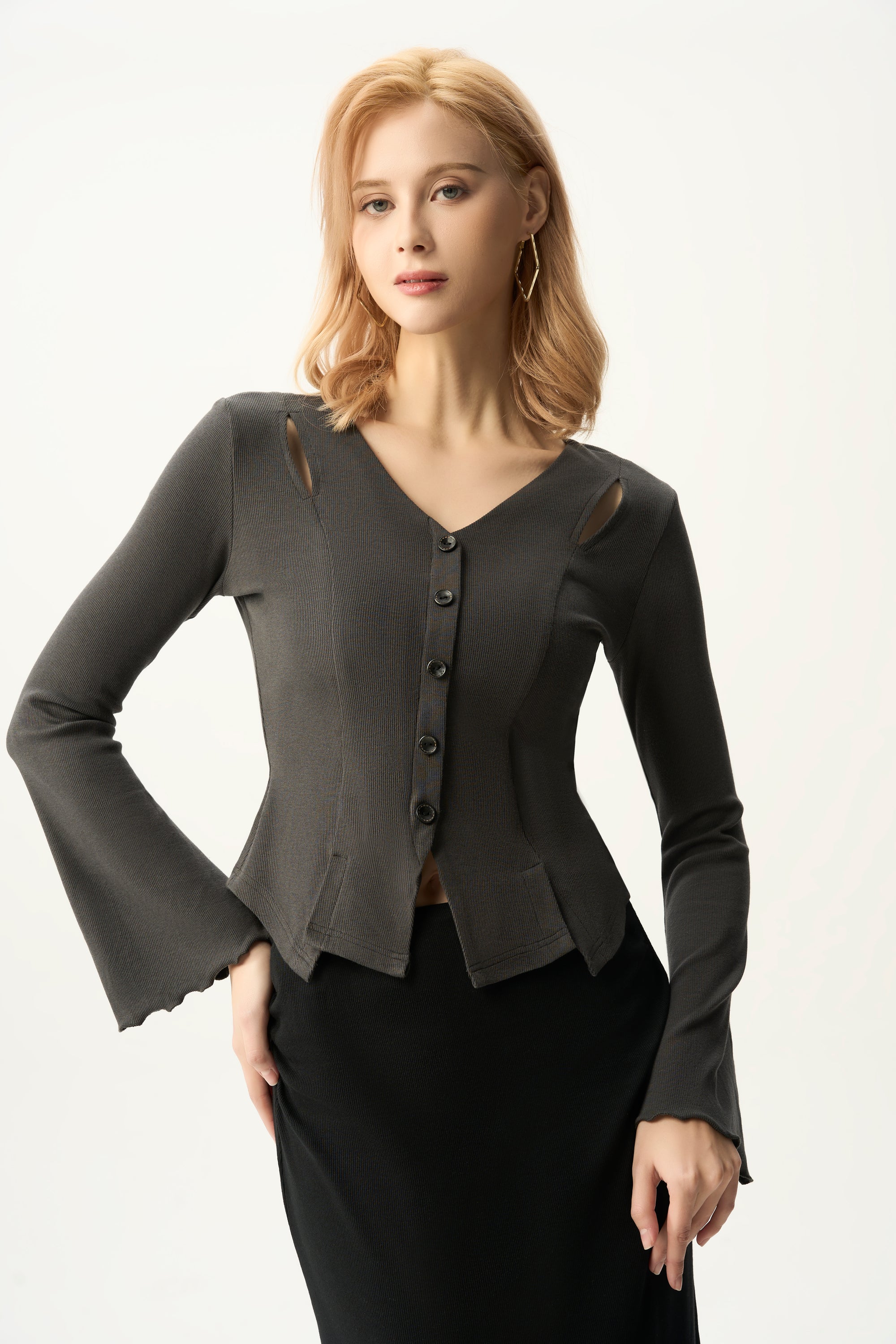 Cutout Shoulder Button-Front Fitted Top