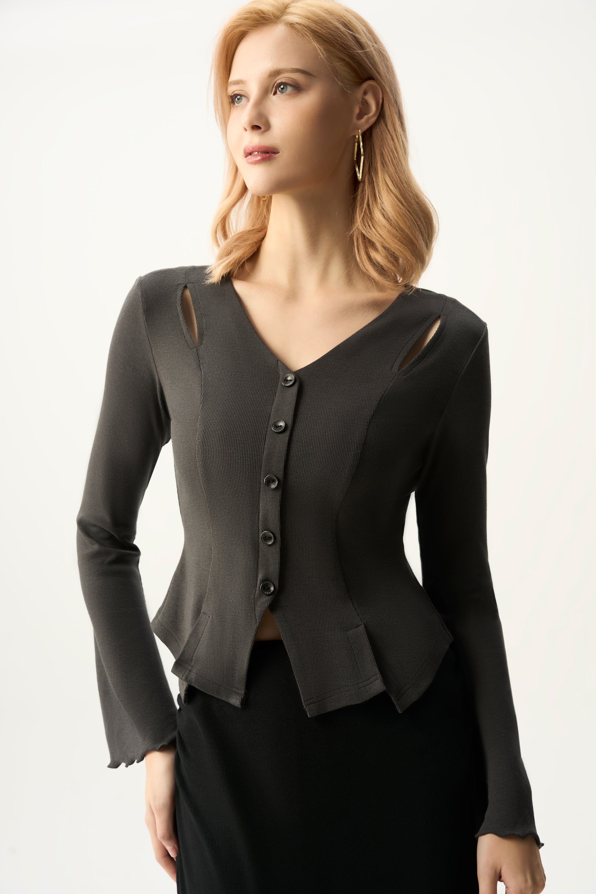 Cutout Shoulder Button-Front Fitted Top