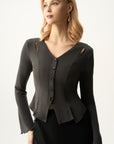 Cutout Shoulder Button-Front Fitted Top