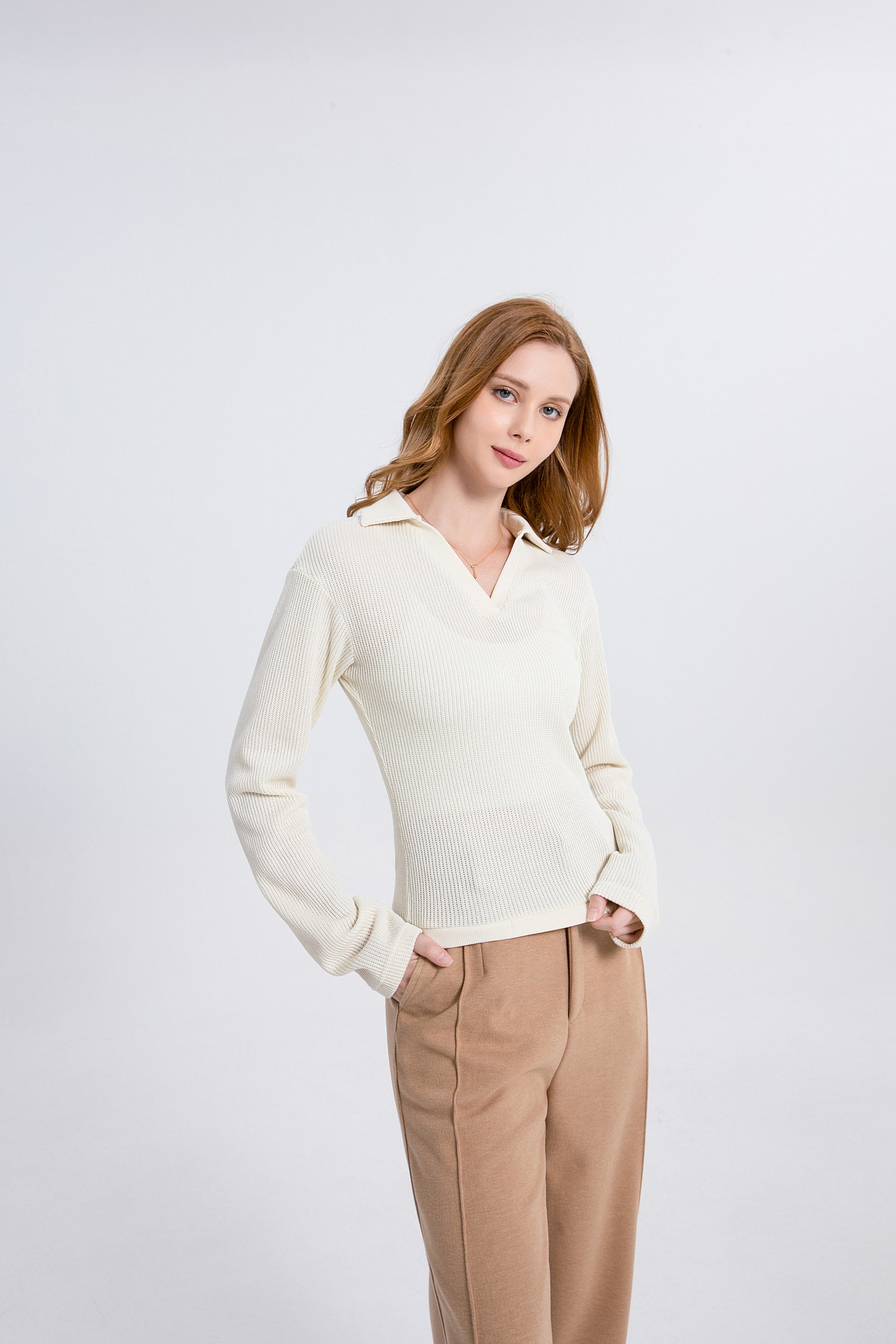 Spilt Neck Rib Knit Polo Sweater
