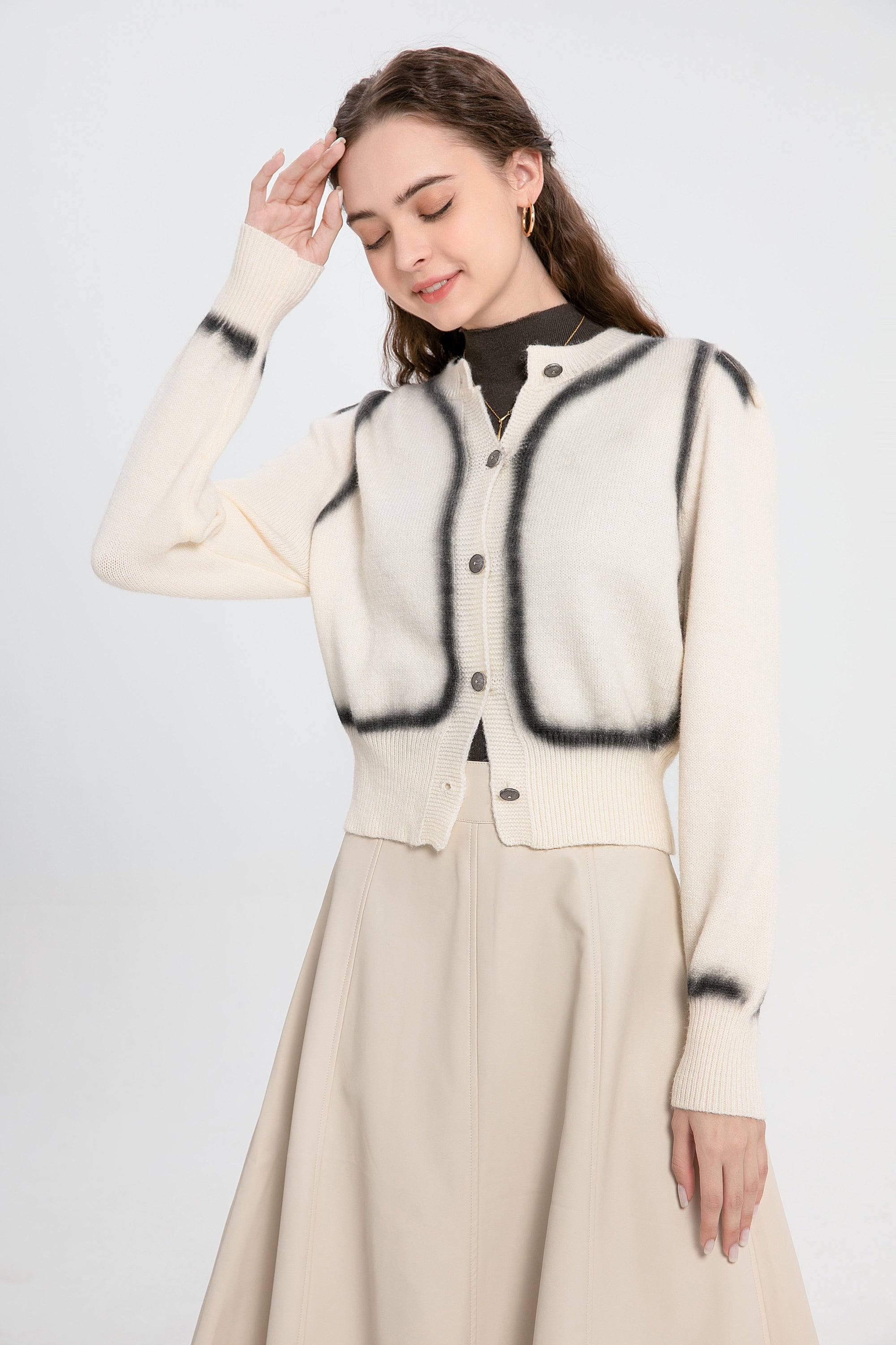 Printed Round-Neck Button Cardigan