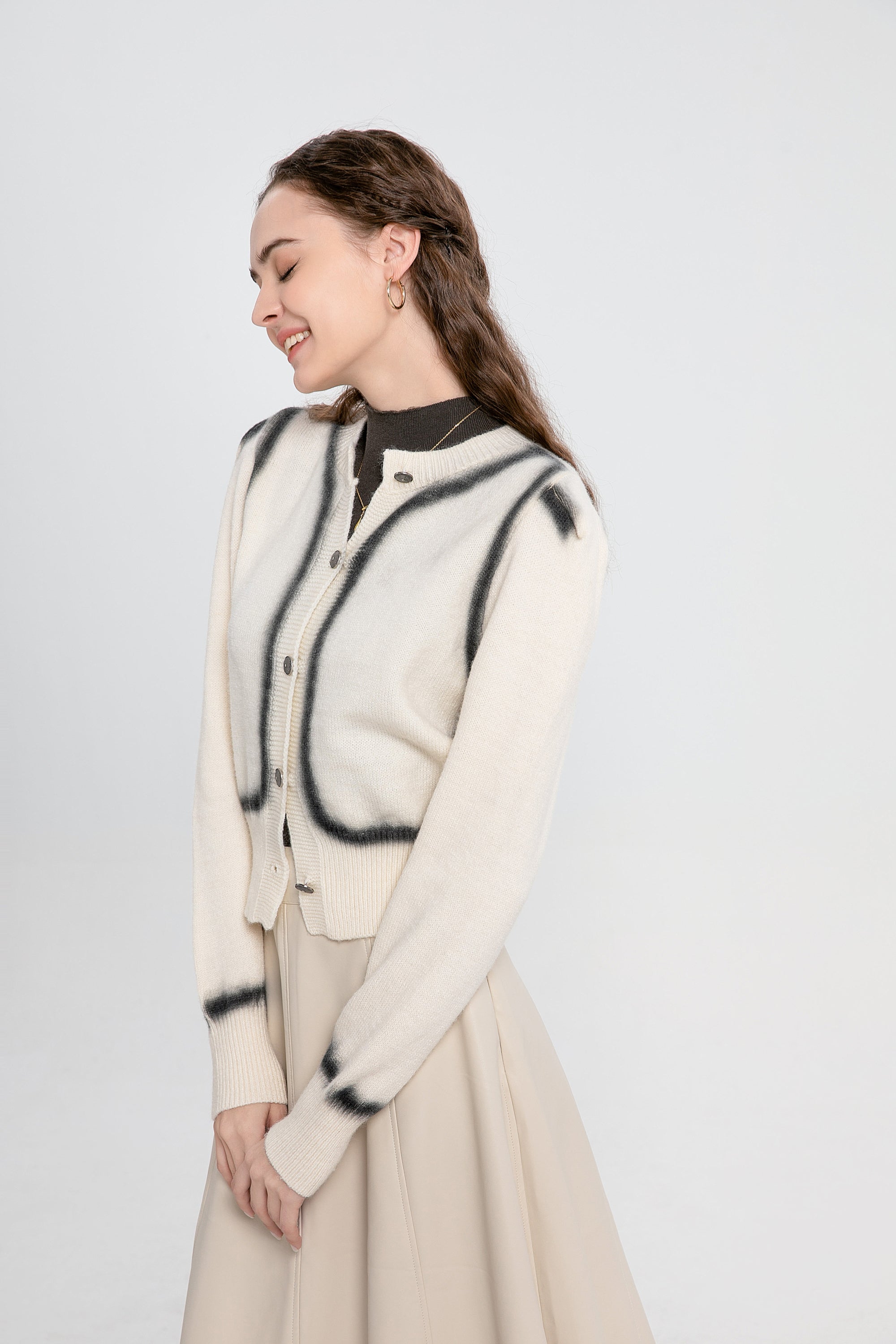 Printed Round-Neck Button Cardigan