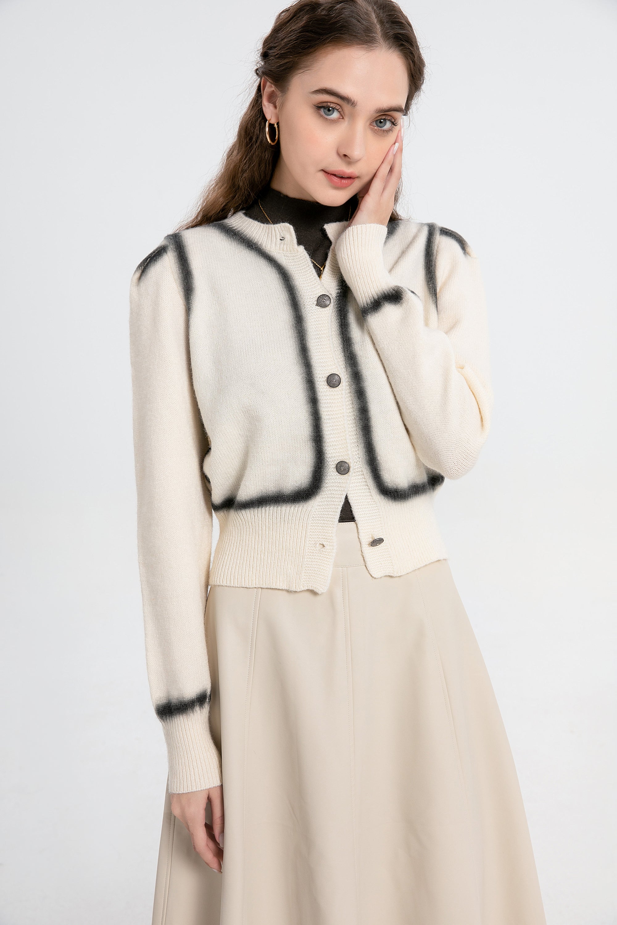 Printed Round-Neck Button Cardigan