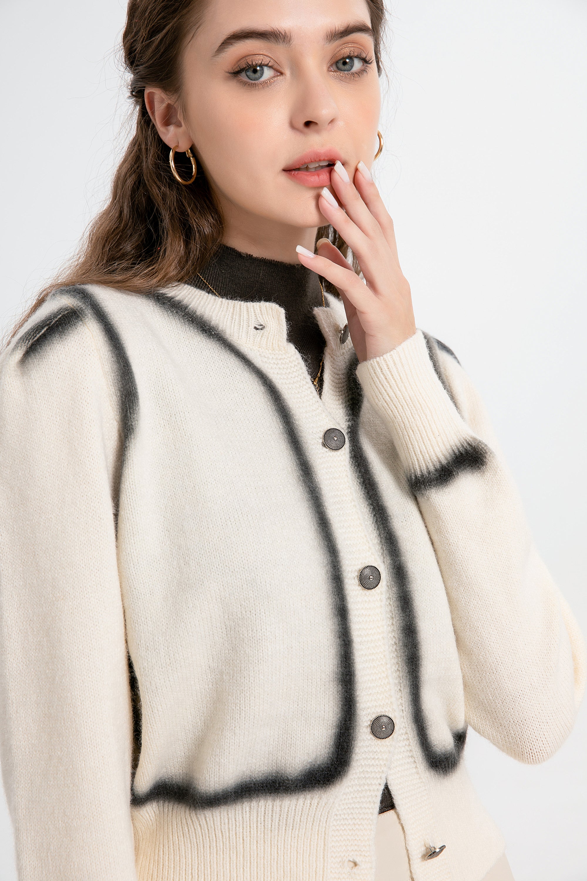 Printed Round-Neck Button Cardigan