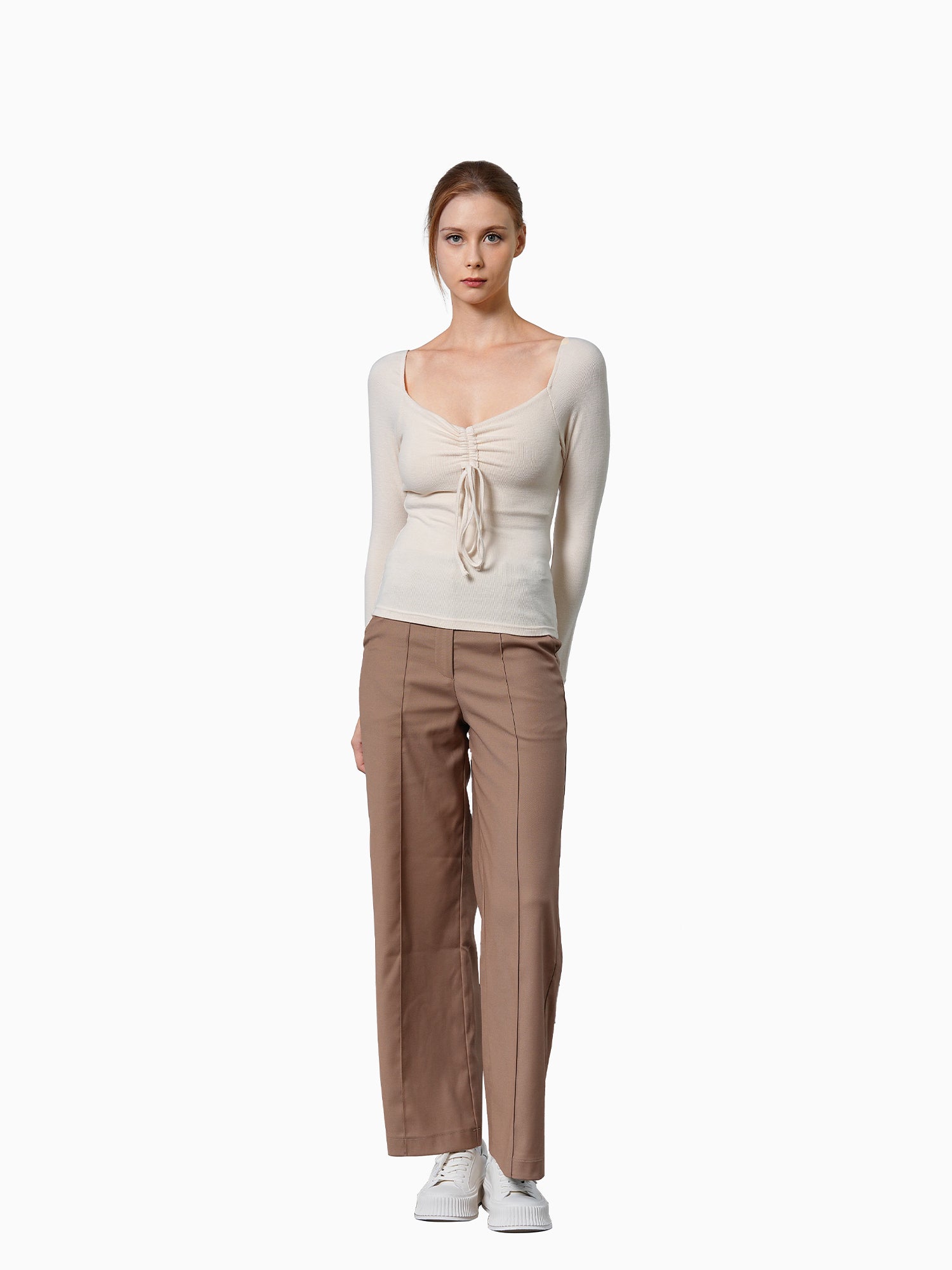 Ruched-Front Drawstring Braless Long Sleeve Top