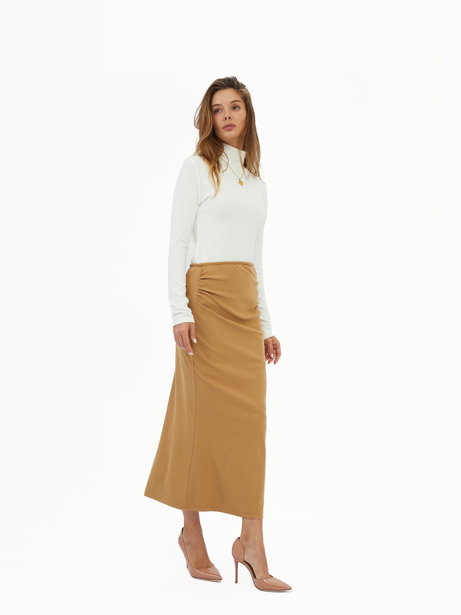 Ruched-Front Midi Skirt