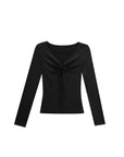 Drawstring Ruched Front V-Neck Long Sleeve Top