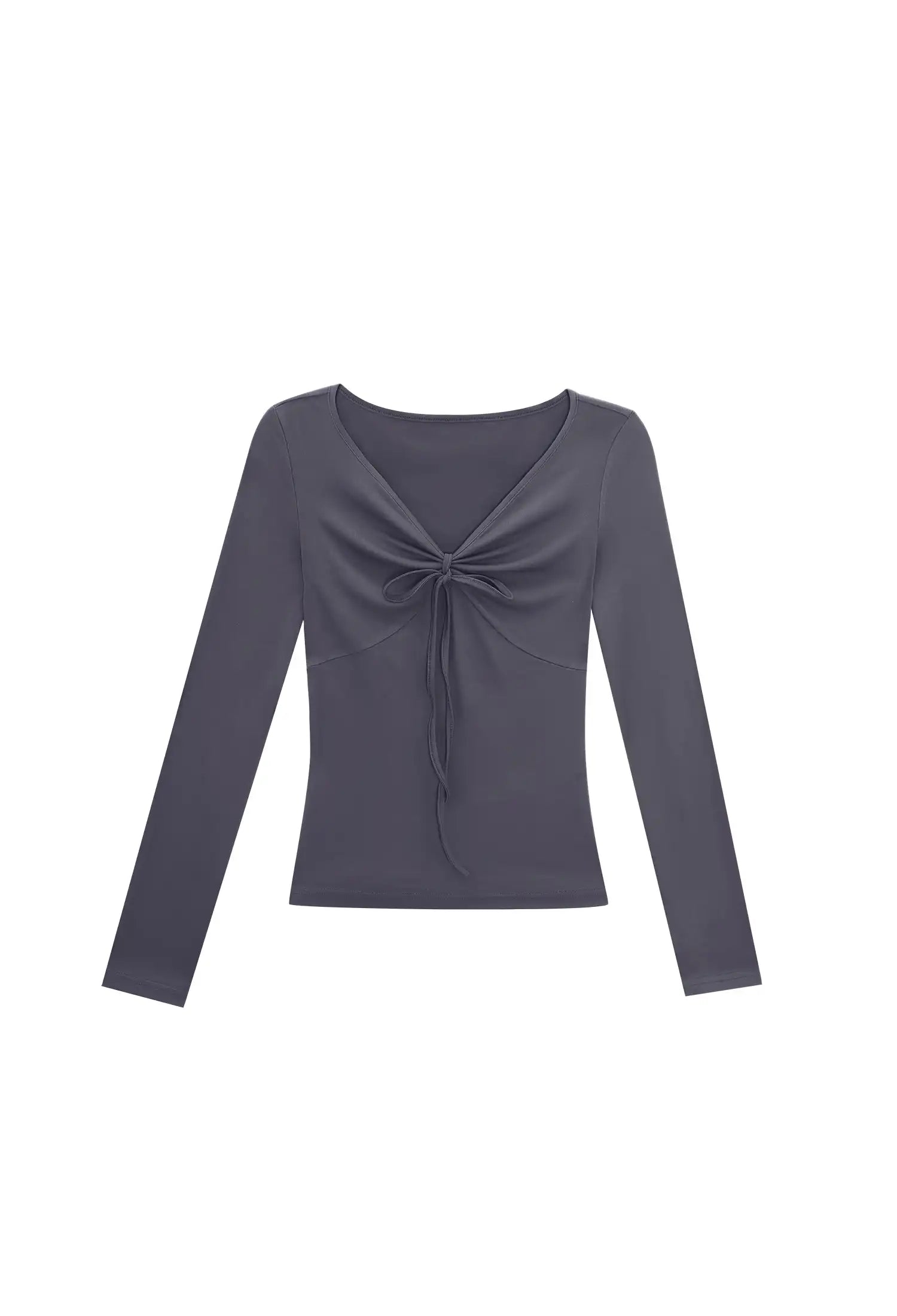 Drawstring Ruched Front V-Neck Long Sleeve Top