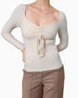 Ruched-Front Drawstring Braless Long Sleeve Top