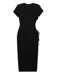 Round Neck Pleated Slit Side Short Sleeve Maxi Dress