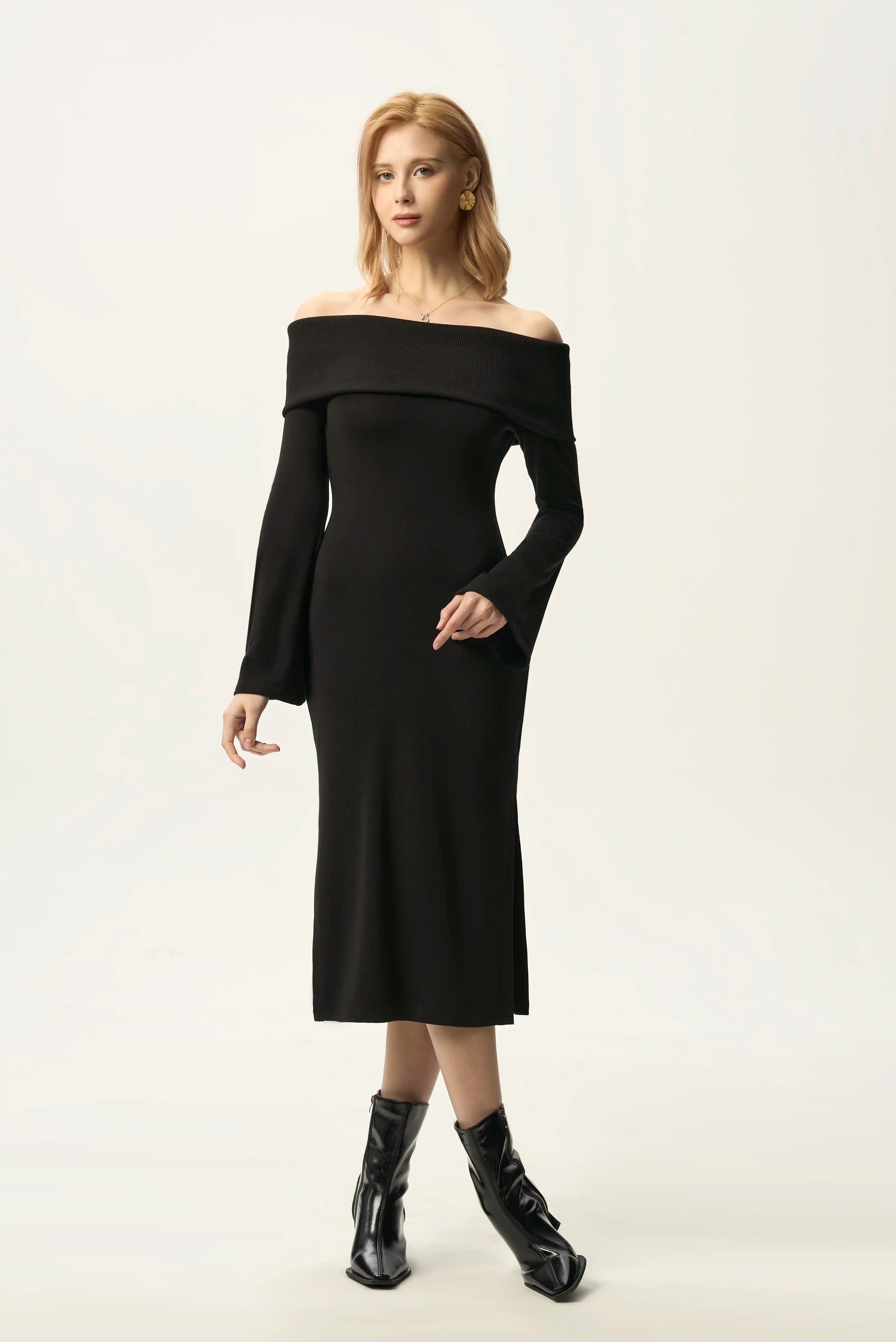 Off-Shoulder Fold-Over Midi Dress