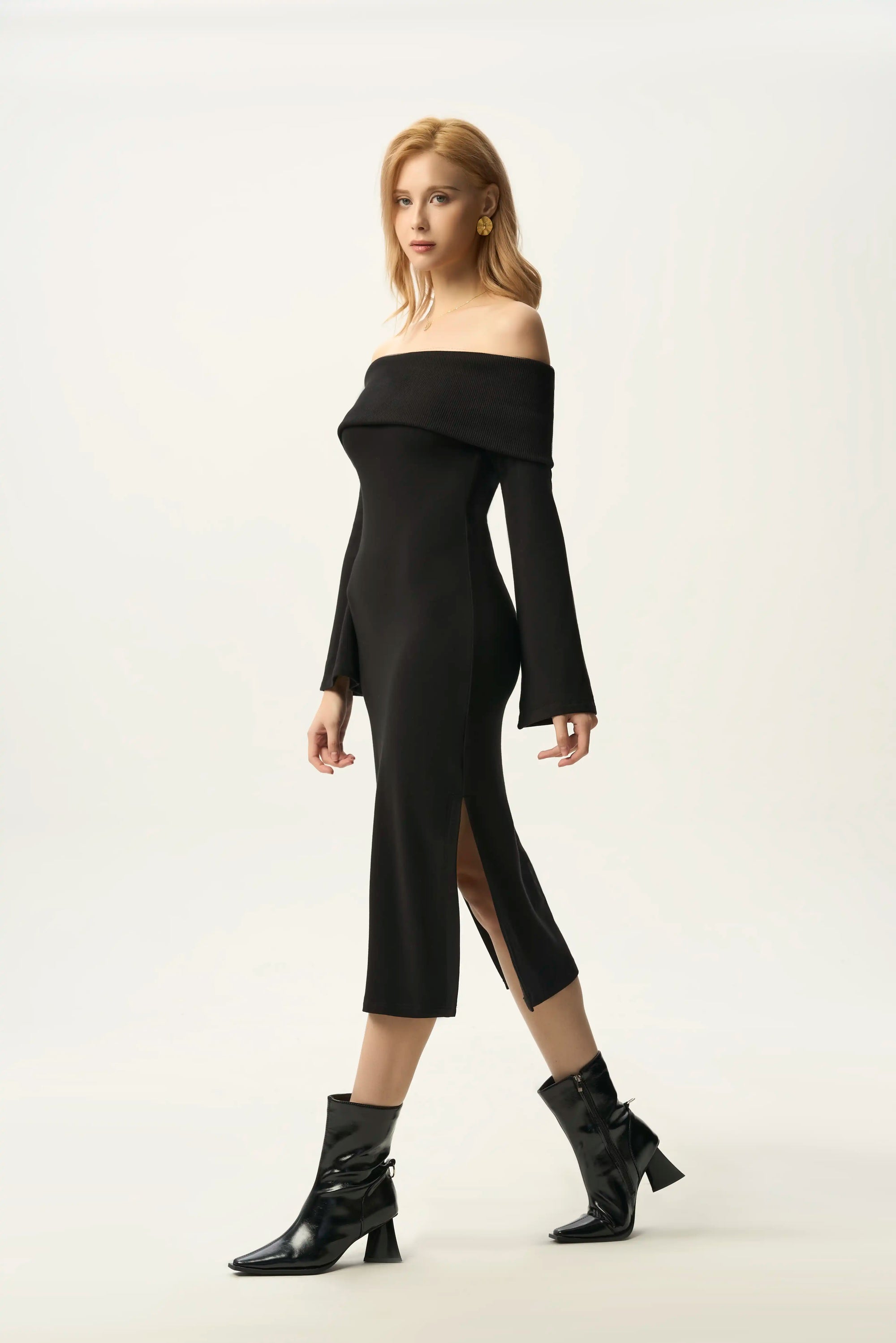 Off-Shoulder Fold-Over Midi Dress