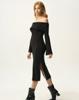 Off-Shoulder Fold-Over Midi Dress