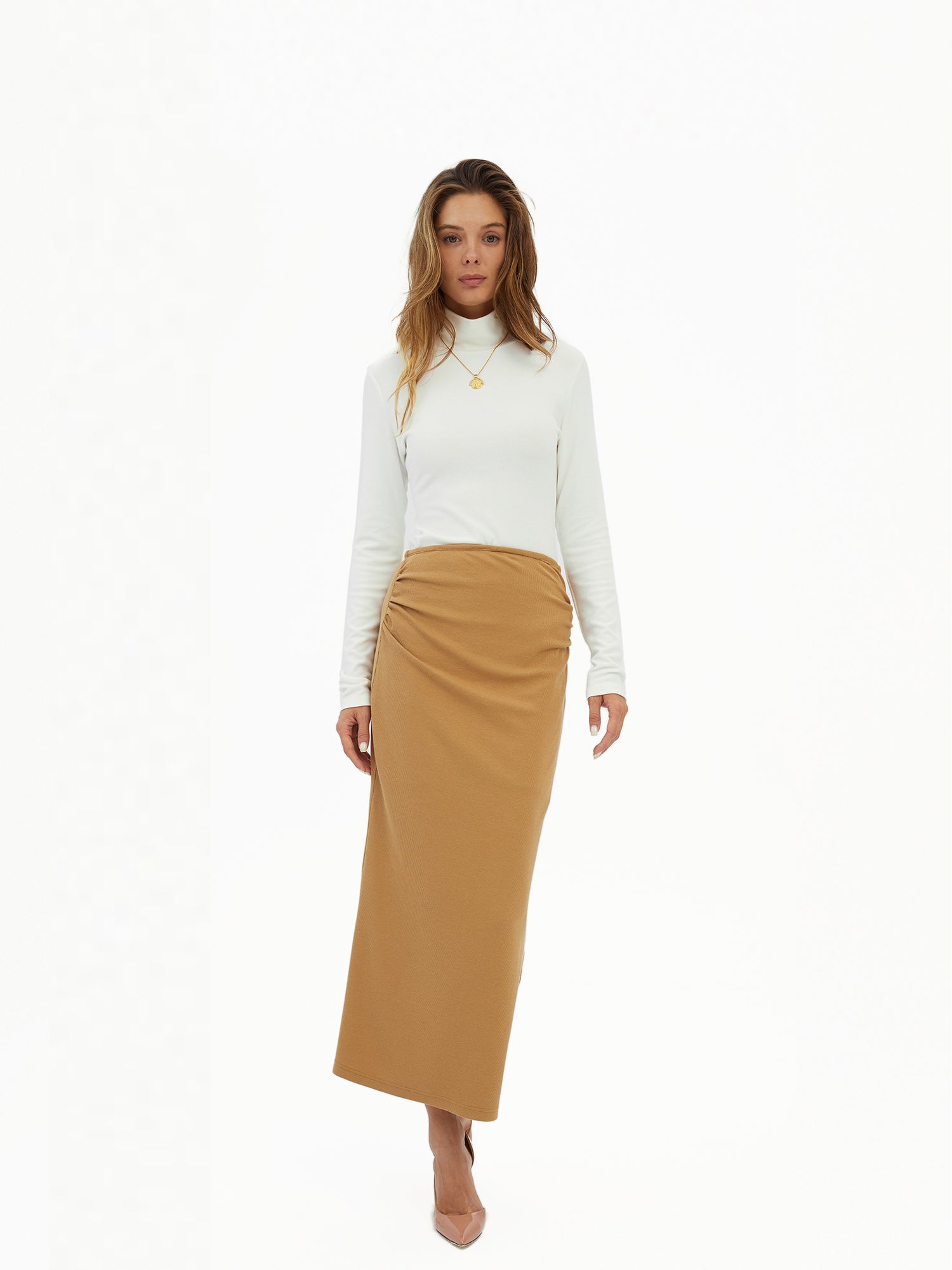 Ruched-Front Midi Skirt