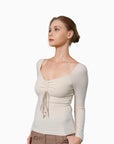 Ruched-Front Drawstring Braless Long Sleeve Top