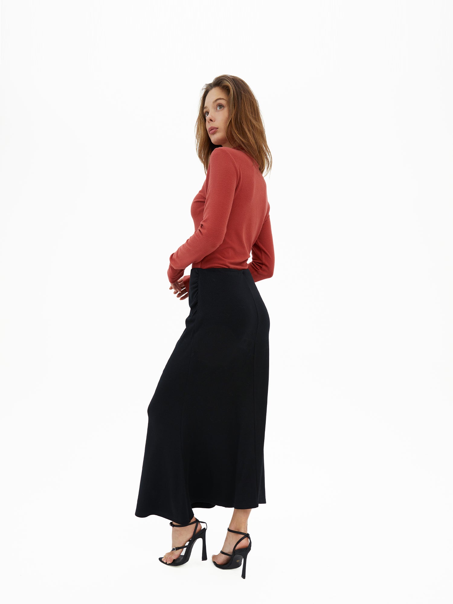 Ruched-Front Midi Skirt