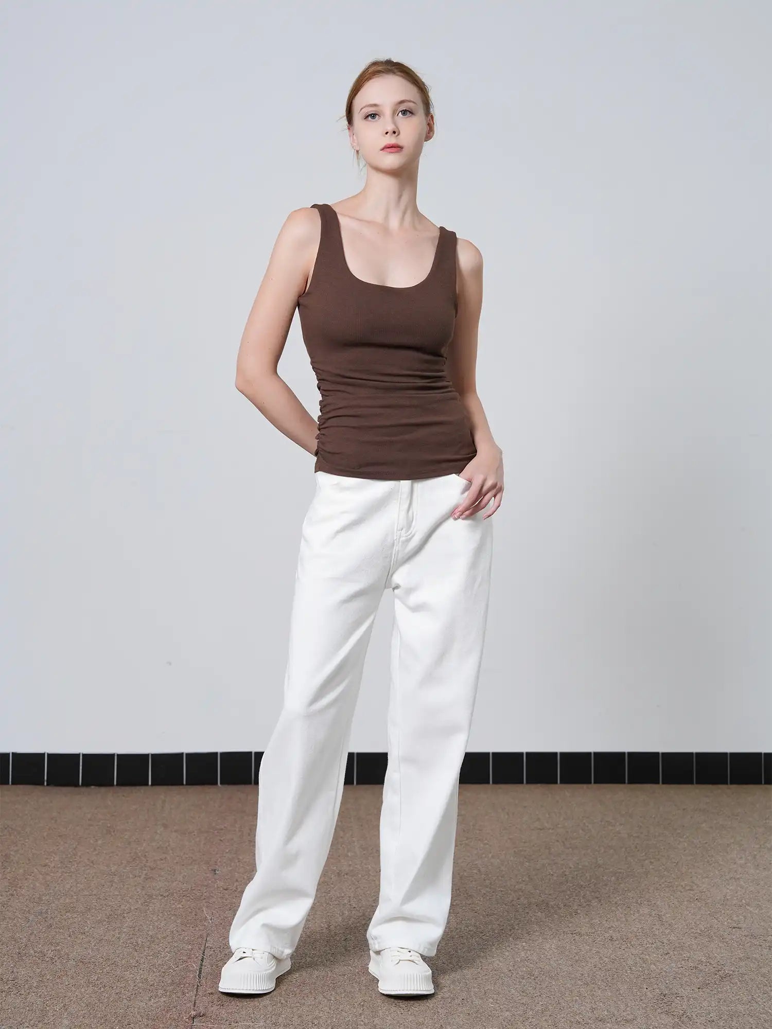 Ruched Sides Square Neck Braless Tank Top