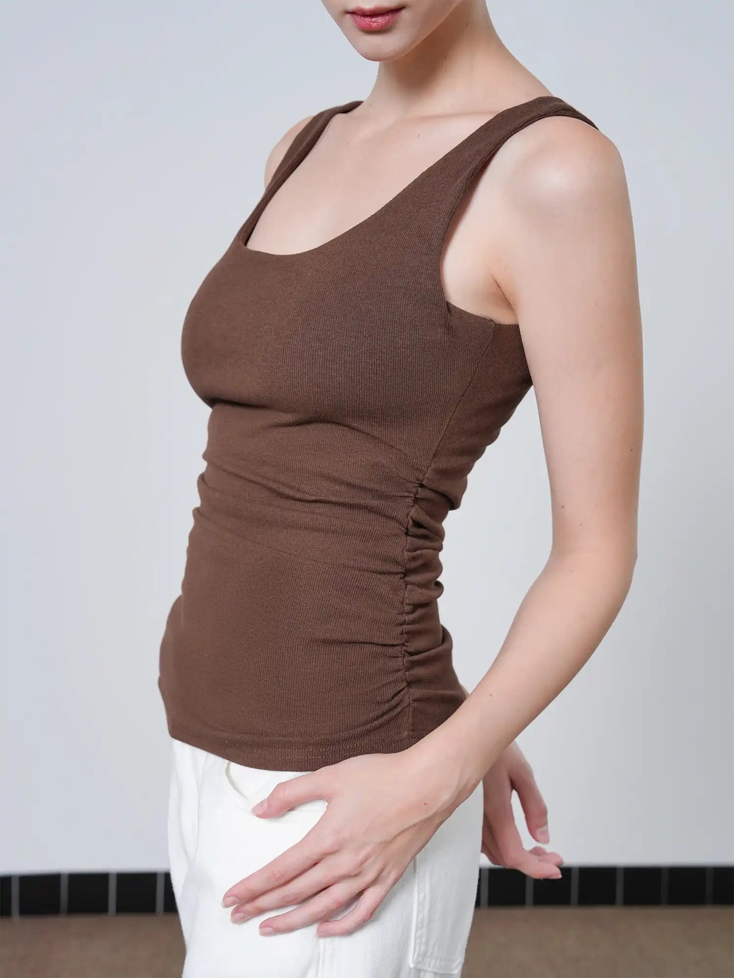 Ruched Sides Square Neck Braless Tank Top