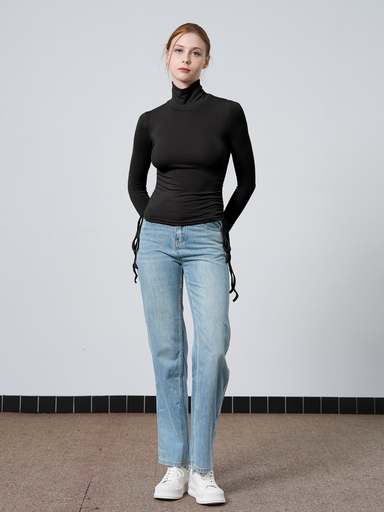 Side Drawstrings Mock Neck Long Sleeve Top