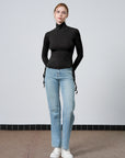 Side Drawstrings Mock Neck Long Sleeve Top