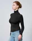 Side Drawstrings Mock Neck Long Sleeve Top
