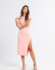 Round Neck Pleated Slit Side Short Sleeve Maxi Dress