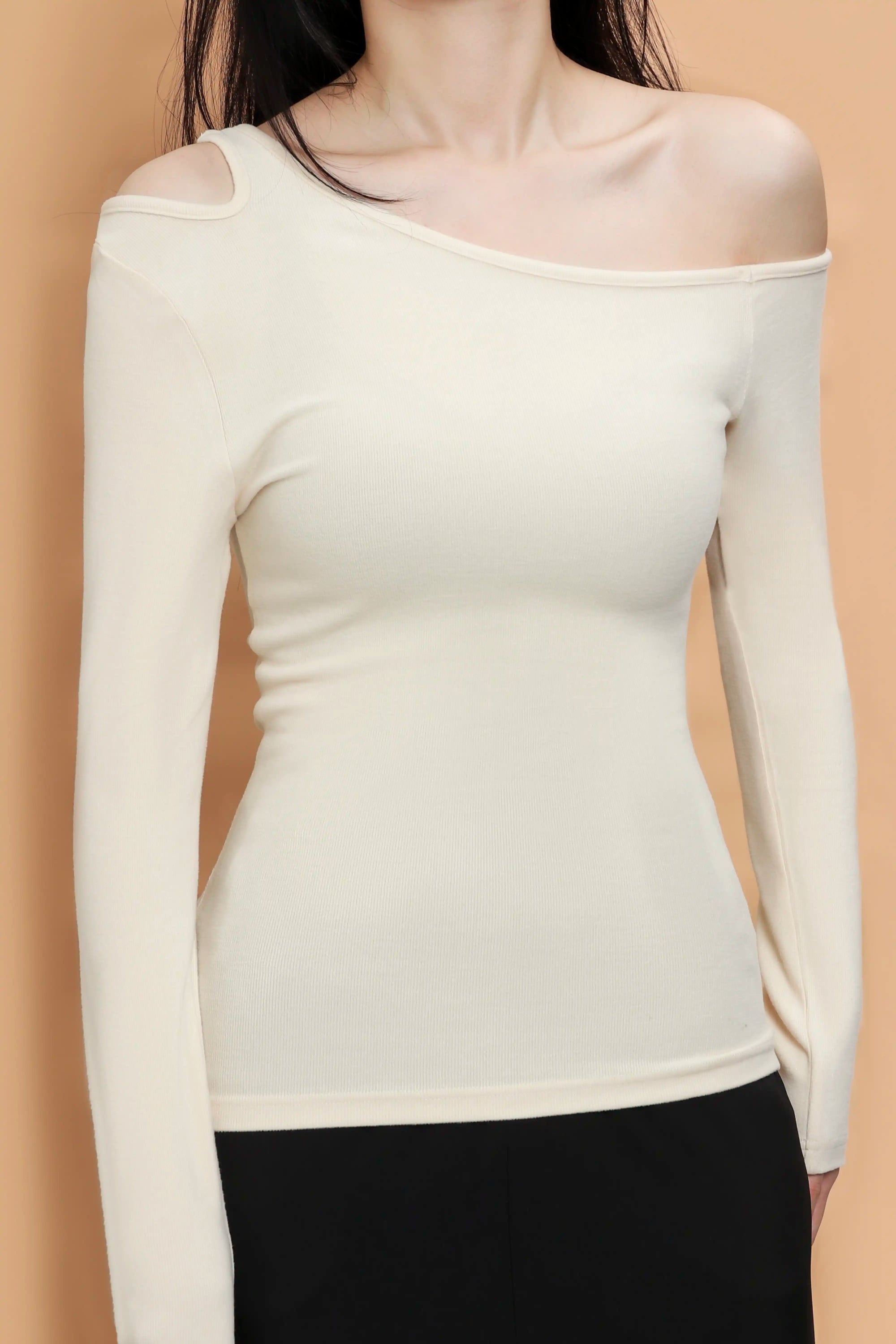 Asymmetric Shoulder Cutout Long Sleeve Top