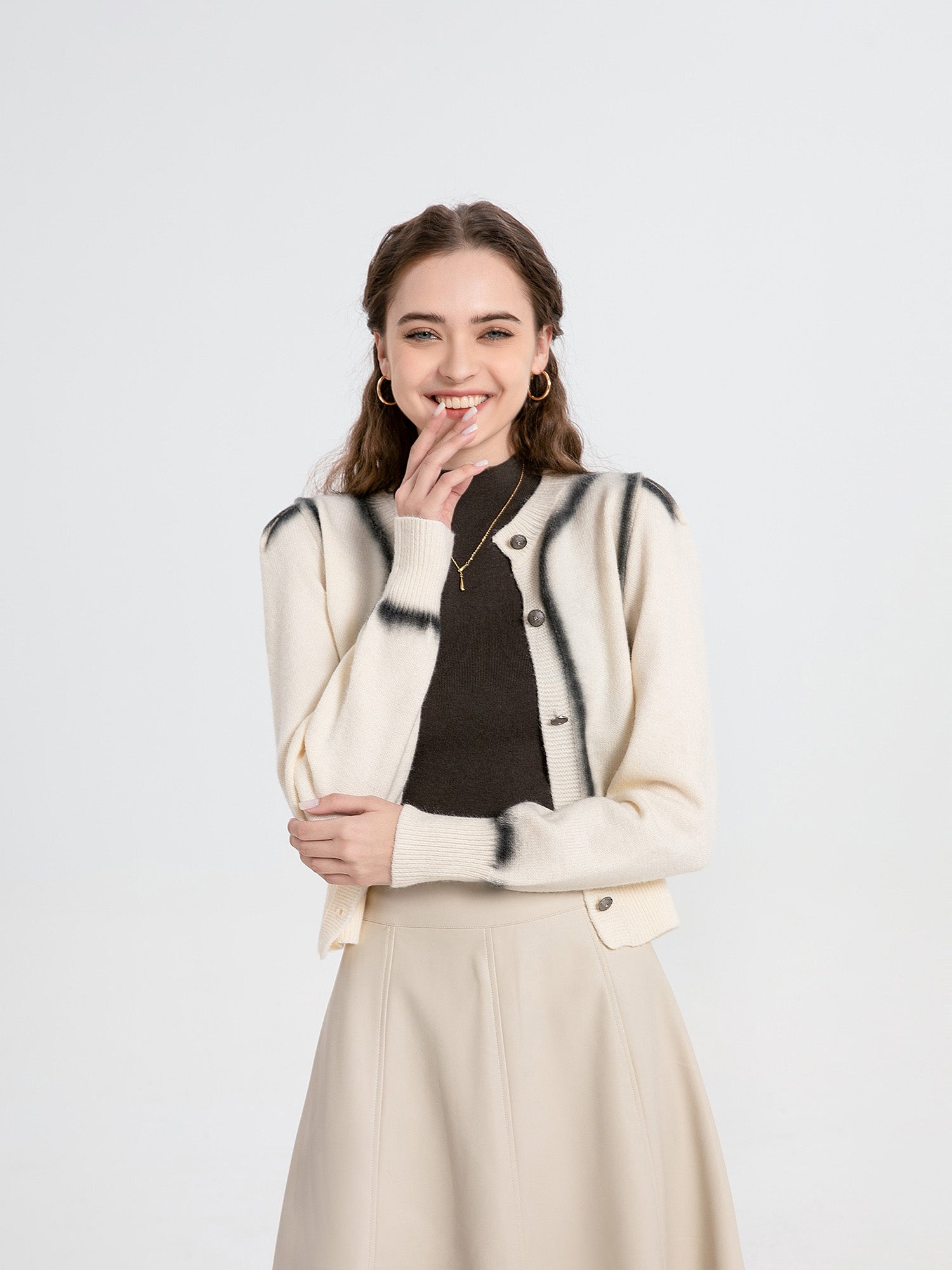 Printed Round-Neck Button Cardigan